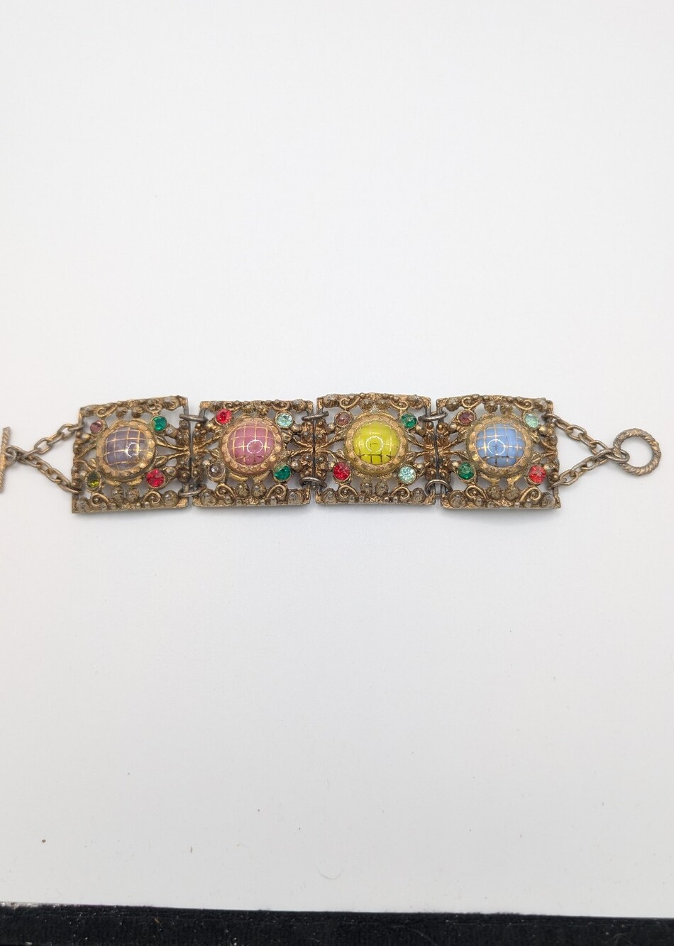 Vintage Gold Tone Multi Color Link Bracelet Ornate 8"